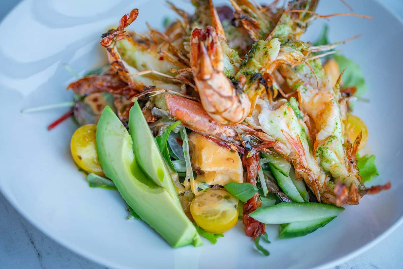 Mango avocado shrimp salad with sliced avocado, grilled shrimp, greens, and tomatoes