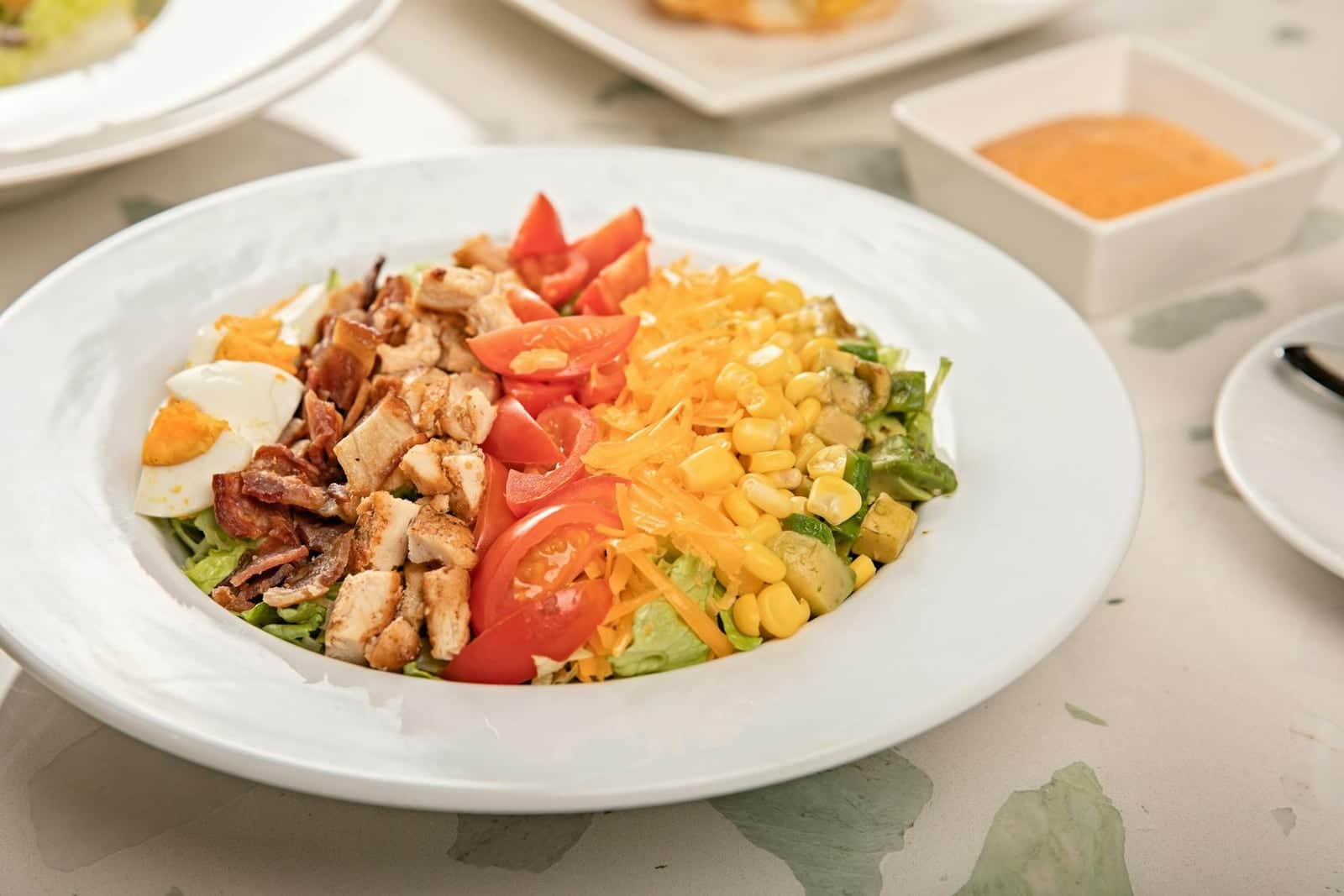Classic Cobb salad with chicken, bacon, egg, tomatoes, cheese, and avocado in neat rows