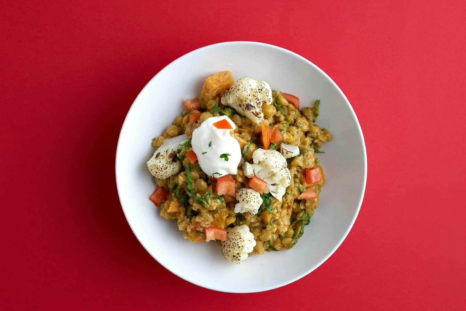 Indian butter cauliflower curry with vegetables and spices in a white bowl on a red background