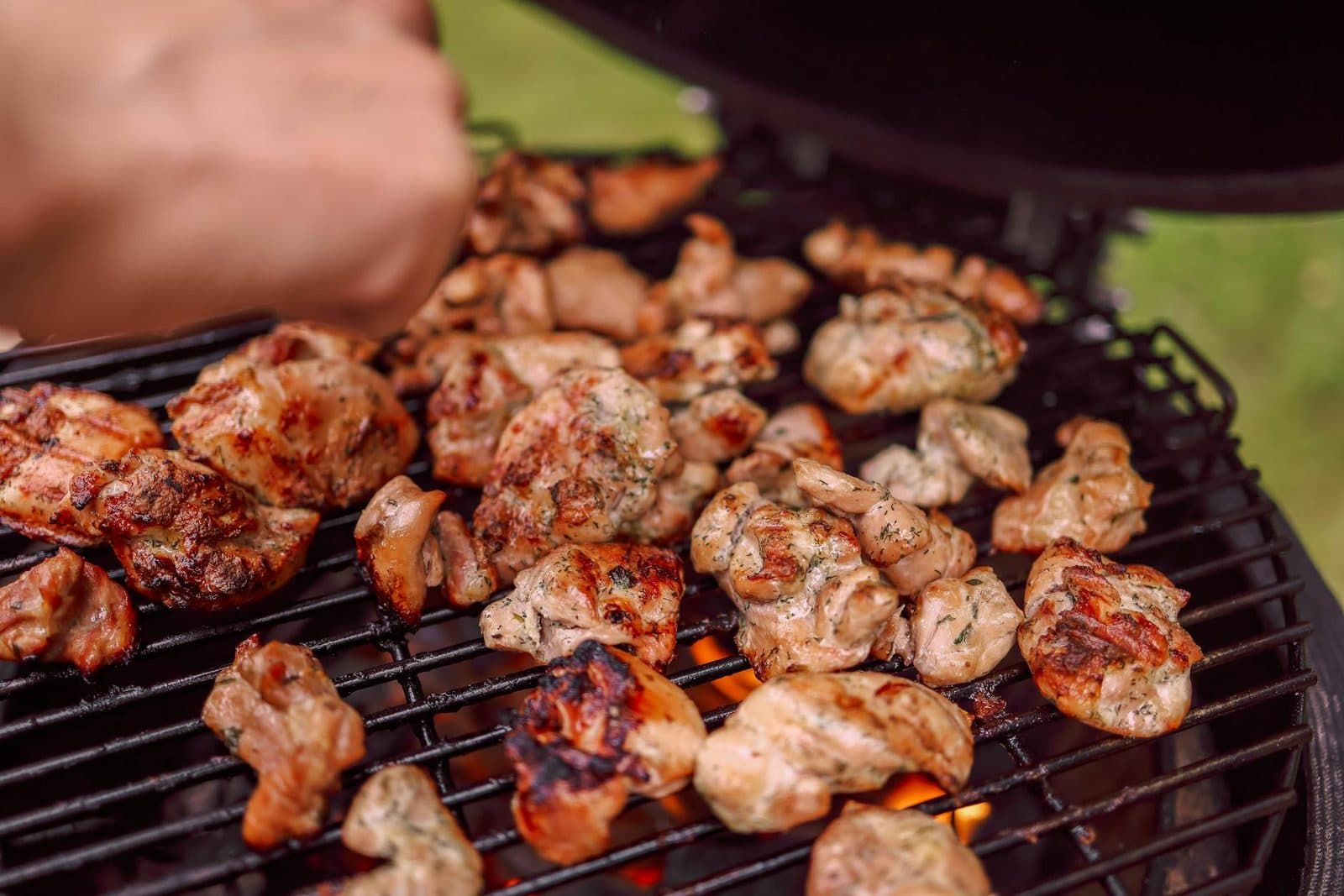 Family-style barbecue chicken pieces grilling over live coals with browned edges