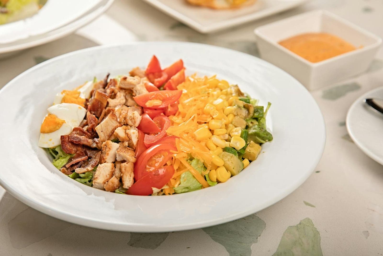 Classic Cobb salad with chicken, bacon, egg, tomatoes, cheese, and avocado in neat rows