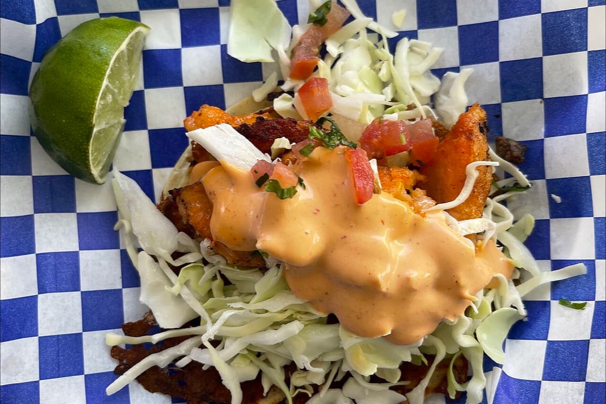 Crispy fish taco with cabbage, lime, salsa, and creamy sauce