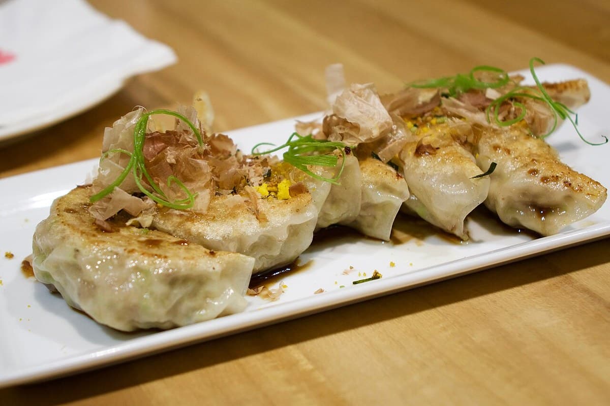 Pan-fried gyoza dumplings with crispy golden bottoms on a white plate