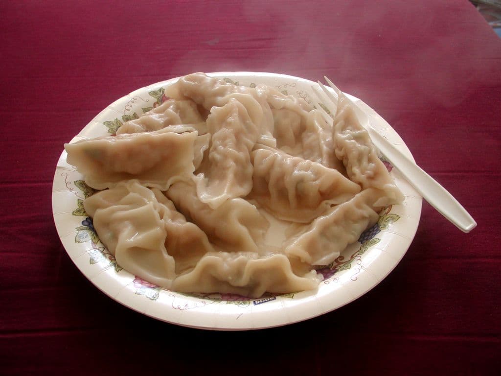 Plate of golden-bottomed pan-fried pork dumplings (potstickers) with dipping sauce