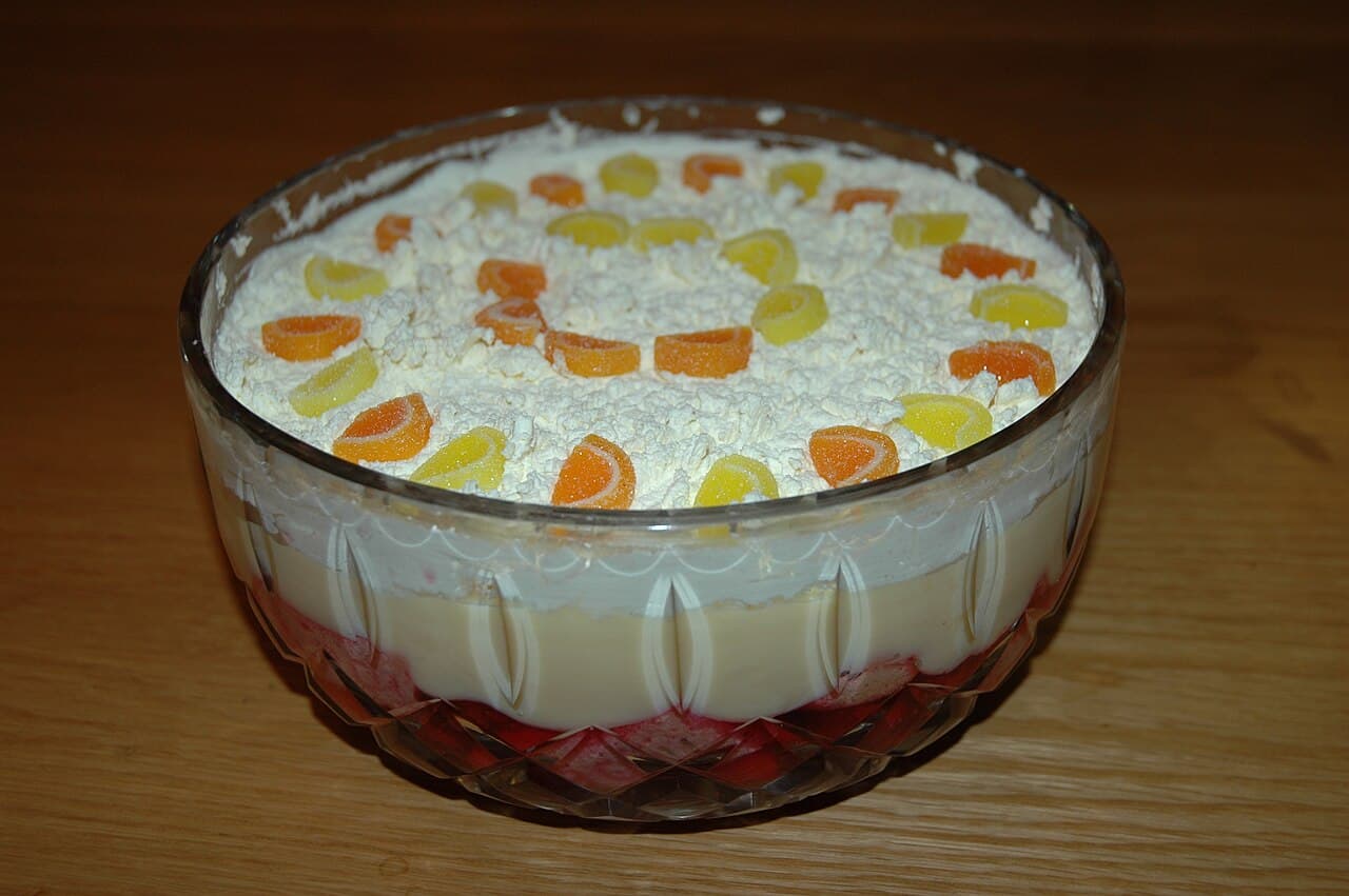 Lemon blueberry trifle in a glass bowl showing layered dessert