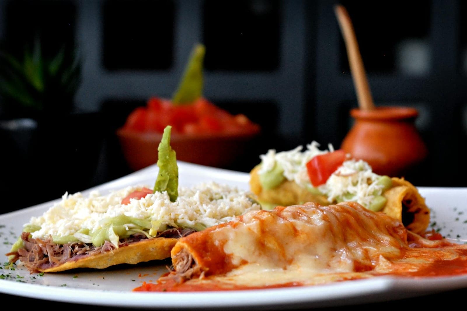Cheese enchiladas with red sauce, melted cheese, avocado, and fresh toppings