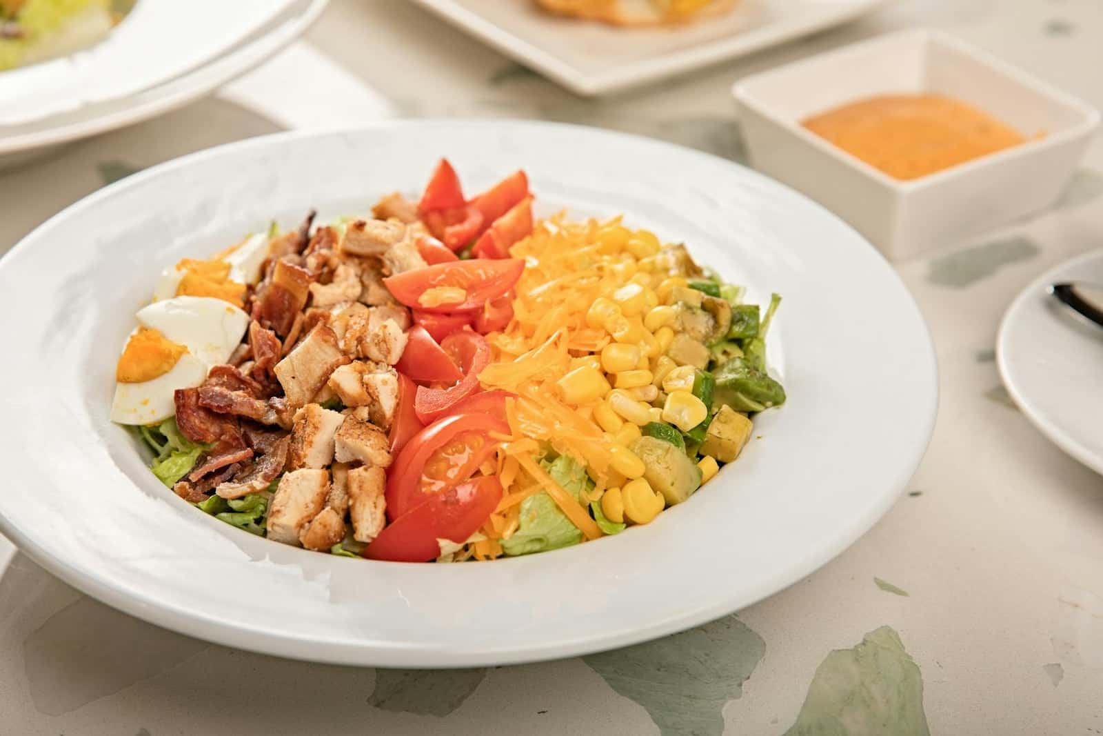 Classic Cobb salad with chicken, bacon, egg, tomatoes, cheese, and avocado in neat rows