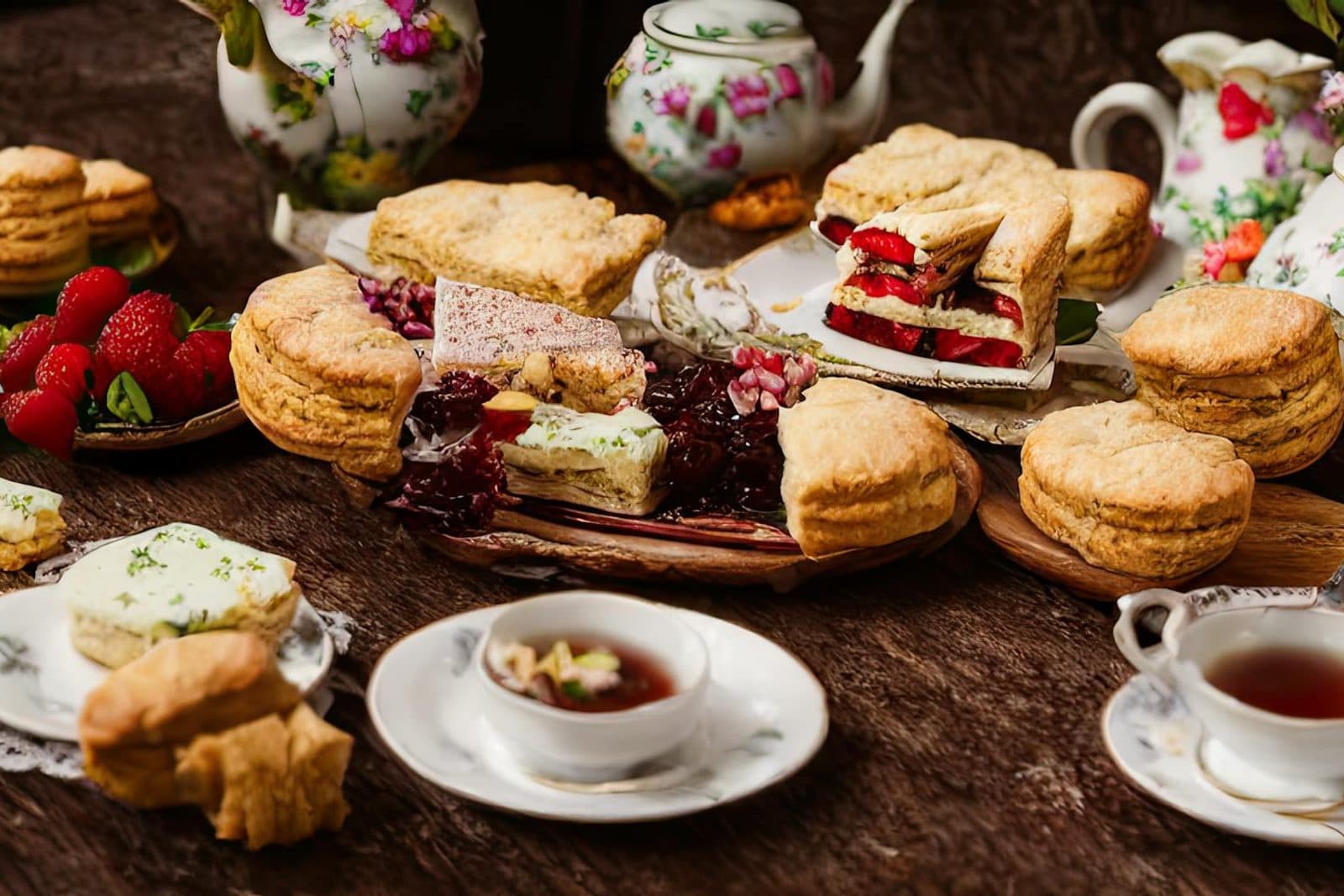 English scones with clotted cream, jam, berries, and tea service on a wooden table