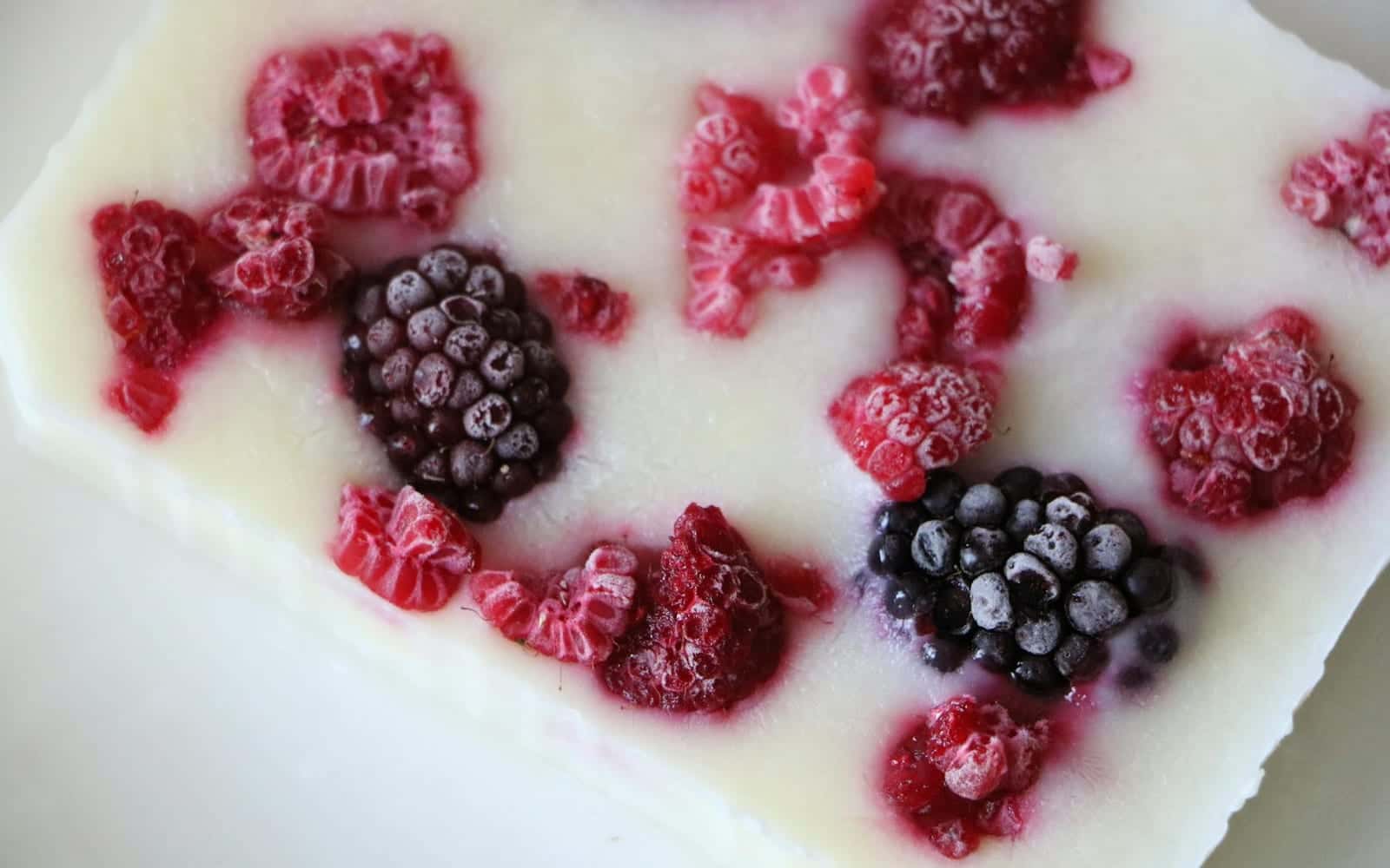 Frozen yogurt bites with berries set into a creamy yogurt bar