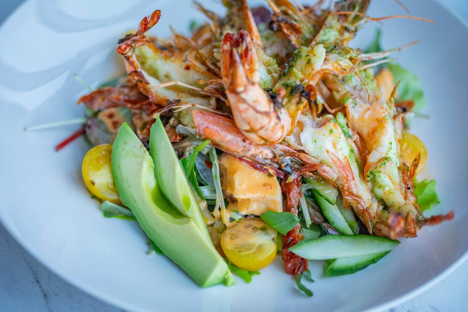 Mango avocado shrimp salad with sliced avocado, grilled shrimp, greens, and tomatoes