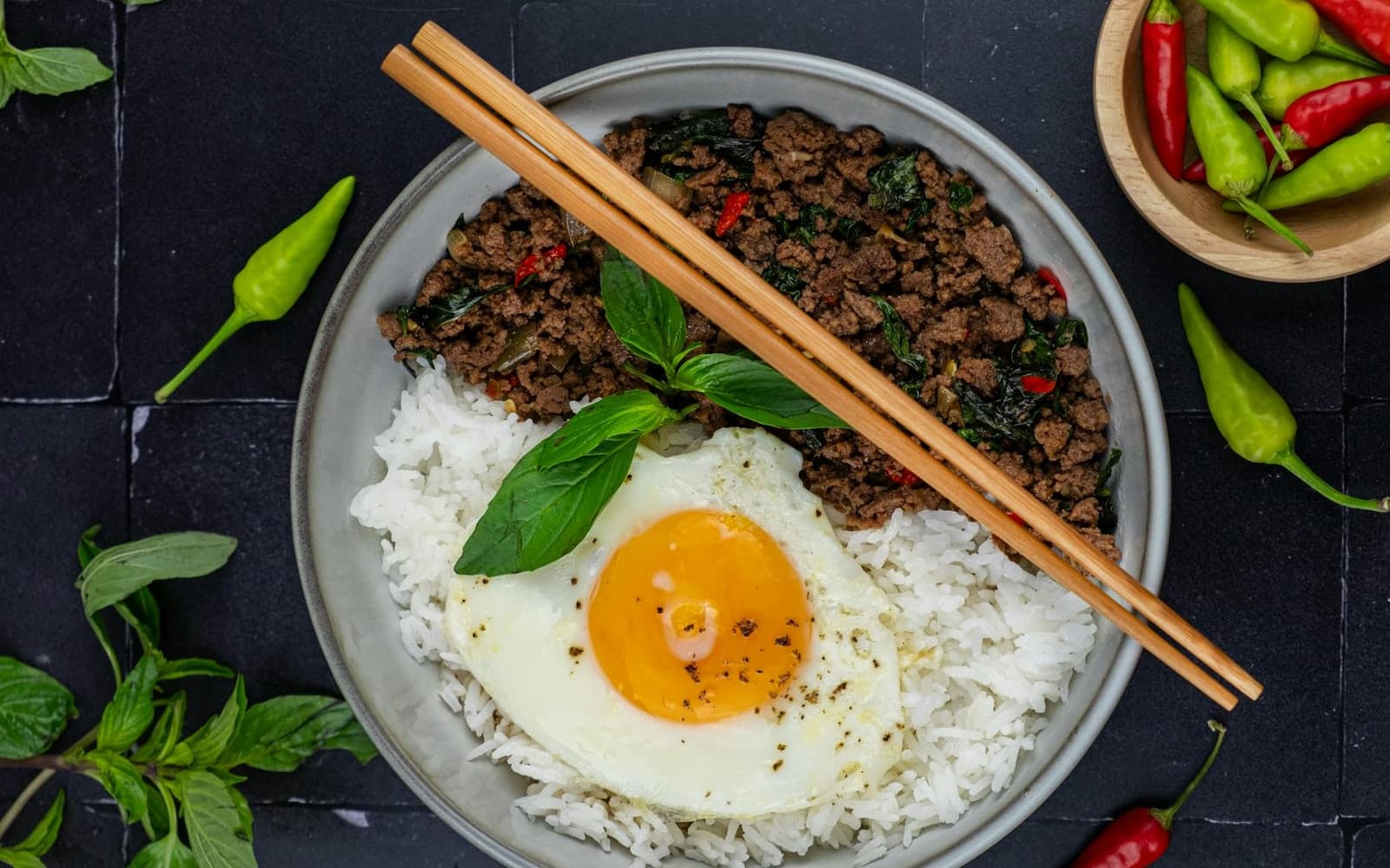 Thai Basil Ground Chicken Bowls finished dish