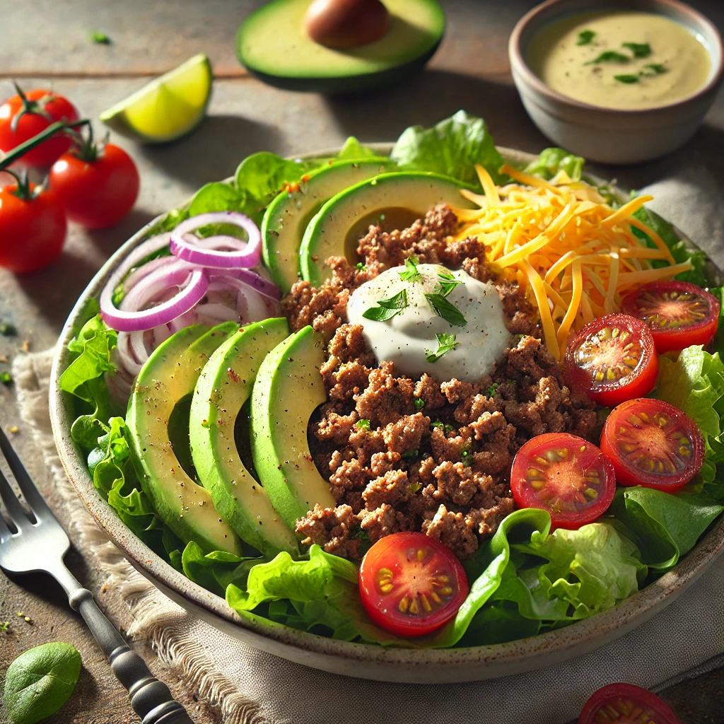 Keto Taco Salad with Avocado Lime Dressing